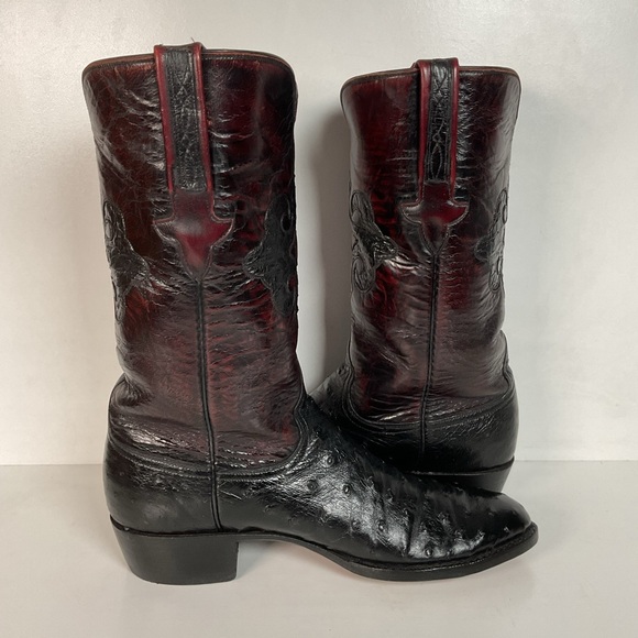 Vintage Lucchese Black Cherry Ostrich Quill Cowboy Boots 10 B Inlay New Soles - Picture 13 of 16